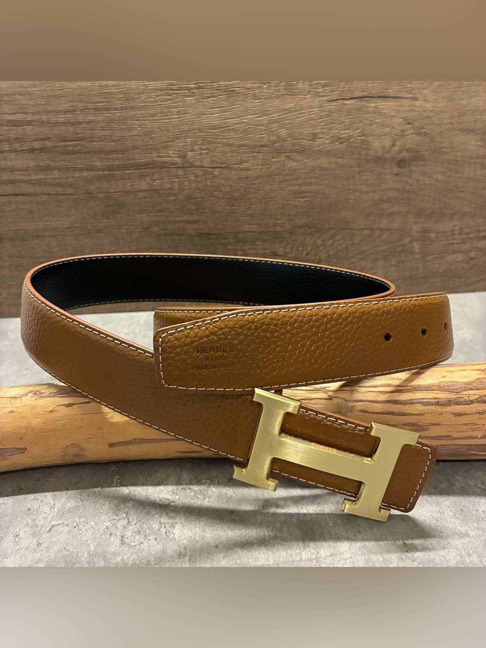 Classic Men's Tan belt with golden H-Buckle for 40-44 inches